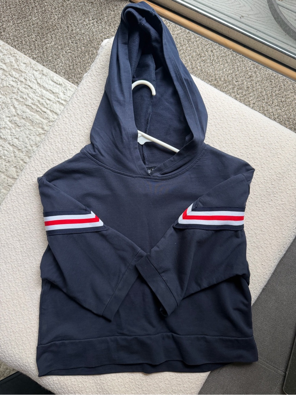 Girls Navy Hooded Sweatshirt with Red & White Sleeve Stripes